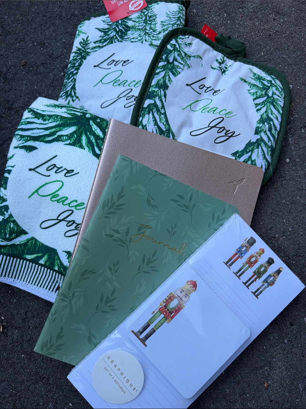 2 Nutcracker Memos. 1 Papyrus Journal, 1 green Floral Notes & Holiday Towel Set!